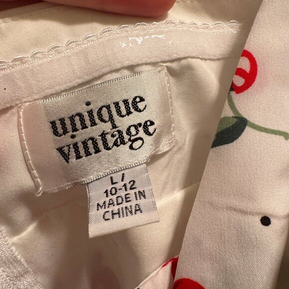 Unique Vintage - White Fit and Flare Halter Dress with Red Cherry Print (Size L) - Picture 5 of 5
